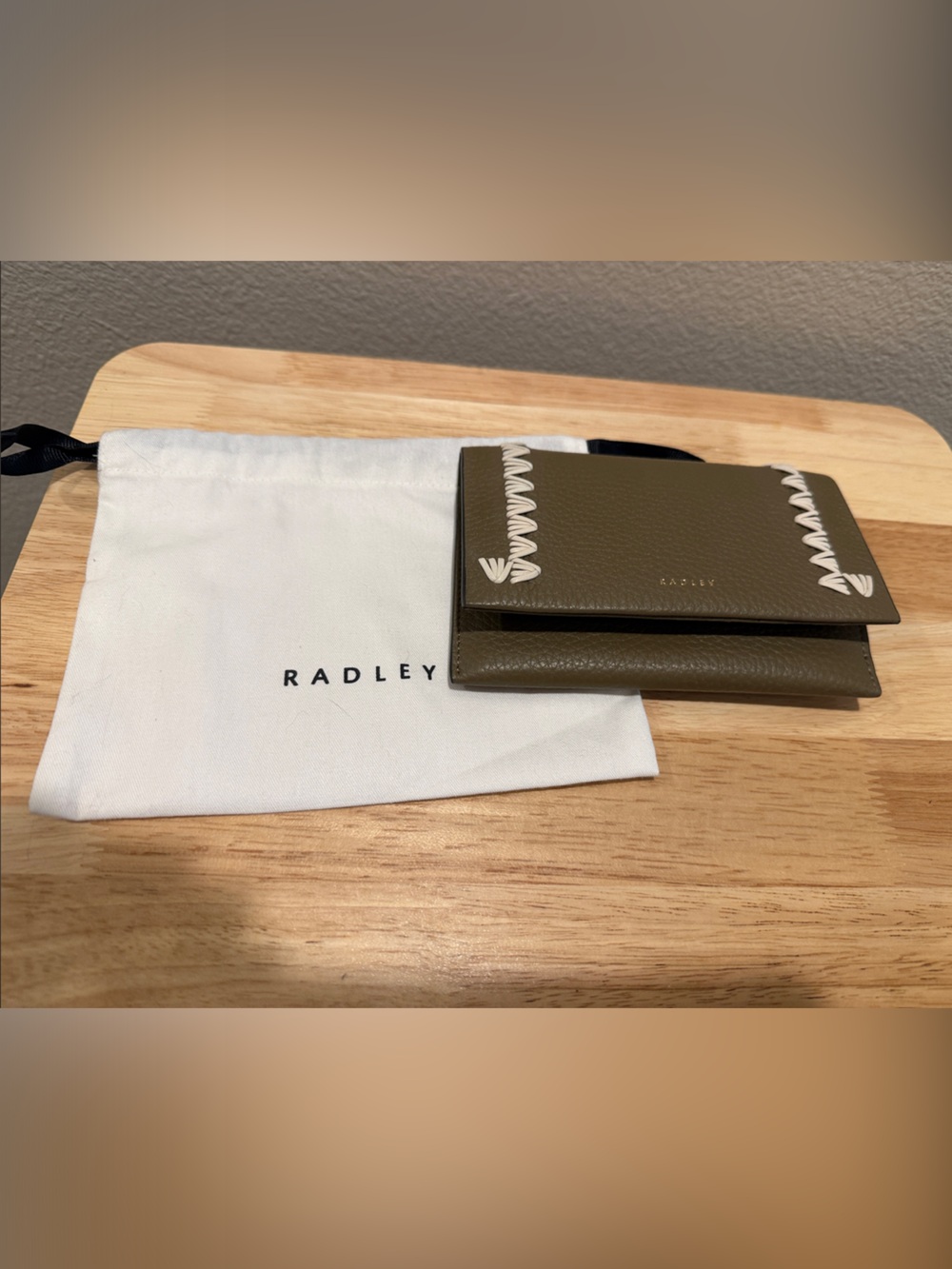 Radley Olive Green Pebbled Leather Fold Wallet with White Stitch Accent
